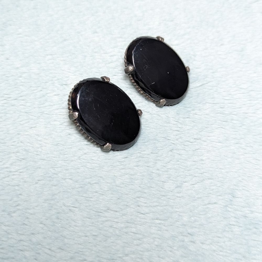 Vintage Large Oval Button Style Black Cabochon Clip Earrings